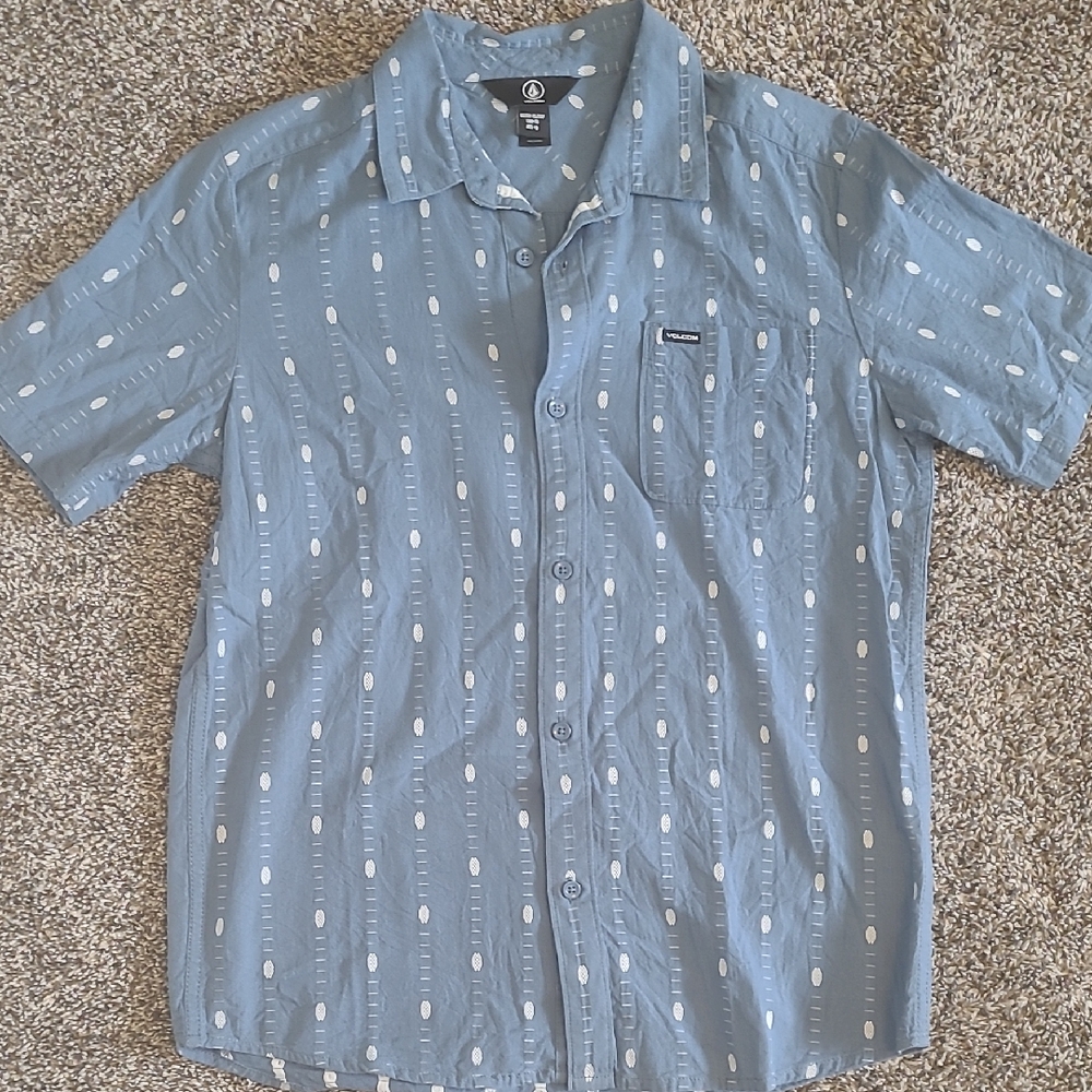 Volcom Men's Light Blue Patterned Button Down Shirt